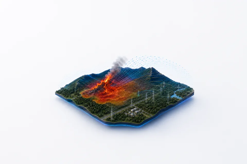 3D visualization of wildfire spread across a landscape with transmission infrastructure